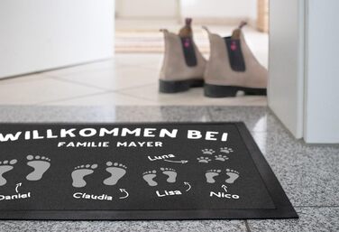 Килимок для дверей з іменем родини та індивідуальними відбитками ніг, нековзний та миється, білий, 60x40 см, відбитки ніг 1, білий