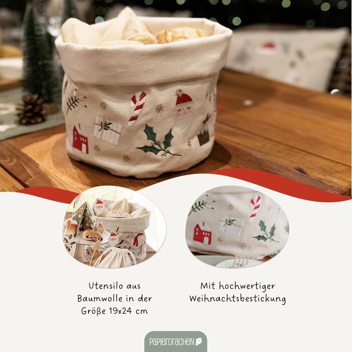 Паперовий кошик для хліба з драконом з вишивкою в бежево-червоному золоті - різдвяний - кошик з полотна - міцний - для зберігання
