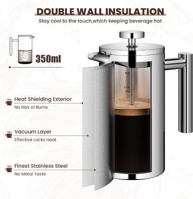 Кавоварка з нержавіючої сталі френч-прес Velaze, кавоварка 350 мл на 2-3 чашки, французький кавоварський прес з подвійними стінками, елегантний дизайн, кавник з 5 фільтрами з нержавіючої сталі та 1 ложкою 350 мл