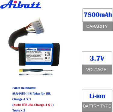 Замінний акумулятор 3.7V 7800mAh для JBL Charge 4, JBL Charge 4BLK, динаміків JBL Charge 4J, заміна акумулятора JBL SUN-INTE-118, SUN-INTE-156, 1INR19/66-3, ID998. (Не для JBL Charge 4 Q)
