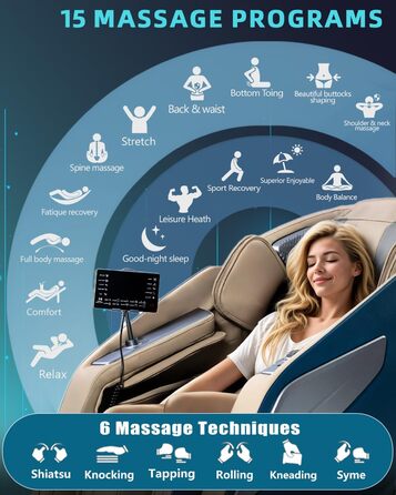 Масажне крісло RelaxRelife для всього тіла з нульовою гравітацією Body Scan 4D Intelligent Shiatsu Massage, обігрів спини/ног із AI Voice Control Bluetooth Speaker SL Track Massage Blue