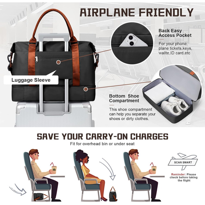 Велика жіноча дорожня сумка, ручна поклажа, спортивна сумка, сумка для вихідних, сумка для плавання, водонепроникна дорожня сумка, спортивна сумка, сумка для фітнесу, сумка для тренувань, лікарняна сумка з відділенням для взуття, N7-чорно-коричнева A03-чо