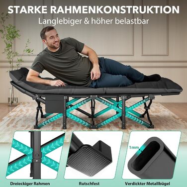 Розкладне похідне ліжко з матрацом, туристичне ліжко, легке, до 208 кг, гостьове ліжко, складне з сумкою для перенесення, сталеве туристичне ліжко для дорослих, для вулиці, приміщень, саду, подорожей, розкладне ліжко, чорне XL 190x735см