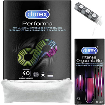 Захоплюючий еротичний набір Durex з презервативами Performa 40 шт. , Intense Orgasmic Gel 10мл та аксесуарами для пар