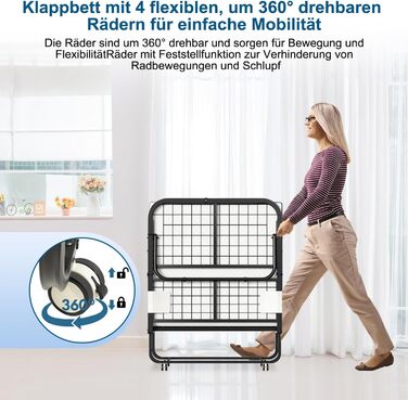 Розкладне ліжко ISOSIL 90x200 см Гостьове ліжко, розкладне з матрацом з пінопласту 13 см Гостьове ліжко, розкладне металевий каркас ліжка, розкладне ліжко на колесах, розкладне металеве ліжко, вантажопідйомність 200 кг, пилонепроникне