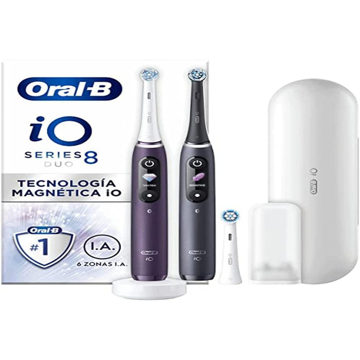 Електричні зубні щітки Oral-B iO 8, акумуляторні, фіолетова та чорна ручка, з'єднання Bluetooth, з магнітною технологією, подарунок до Дня батька, 3 щітки, 1 дорожній футляр