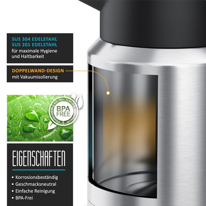 Термос з нержавіючої сталі 1 л - Подвійні стінки - 1200 мл - Нержавіюча сталь SUS 201/304 - Ручка з натурального бука - Швидке закриття - Герметичний - Знімна кришка - Без BPA