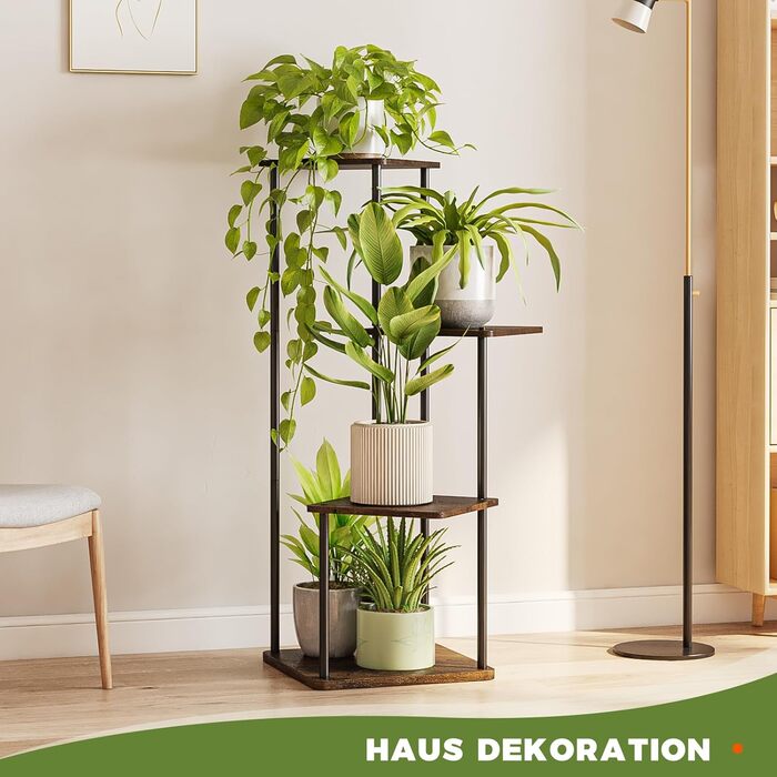 Підставка для рослин Bamworld, підставка для квітів, металева, чорна, полиця для рослин для приміщень/вулиці з 4 ярусами, кутова підставка для квітів для тераси, саду, балкону, вітальні, спальні (коричнева) 4-ярусна, рустикальний коричневий