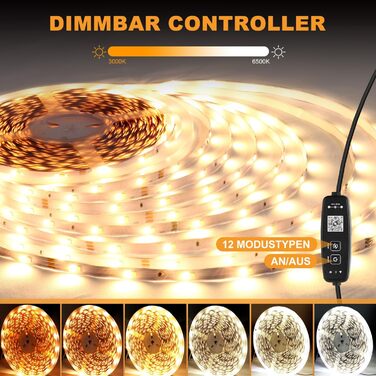 Світлодіодна стрічка TENDIST біла з можливістю затемнення, 3000K-6500K від теплого білого до холодного білого Світлодіодна стрічка 24 В самоклеюча з пультом дистанційного керування, розумним додатком і функцією контролера, для оформлення кухні в приміщенн