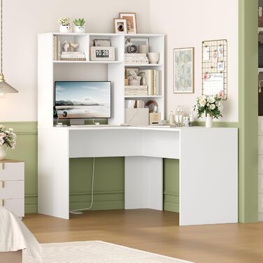 Кутовий письмовий стіл FirFurd з подовжувачем, L-подібний комп&39ютерний стіл з книжковою полицею, стіл для ПК/ноутбука для офісу, кабінету, вітальні, домашнього офісу, білий, 153 x 125 x 108 см, білий/розкішний сад