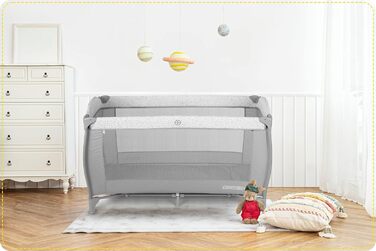 Дитяче ліжечко Ricokids з матрацом, 125 x 65 x 78 см, дорожнє ліжечко, вагою до 15 кг, 2 колеса з гальмами, бічний вхід, сумка для перенесення, функція гойдання, ігрова арка, пеленальний столик, складний, світло-сірий