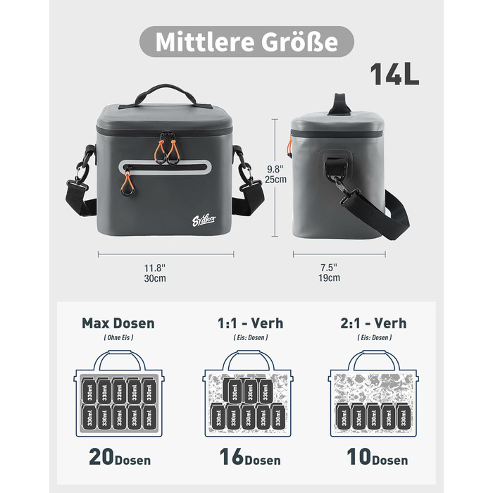 Сумка-холодильник 7/14/24 л - Ізольована та водонепроникна Портативна міні-сумка-холодильник з термоізоляційним шаром Легка для кемпінгу, пікніків, пляжу та барбекю - Герметична та міцна темно-сіра 14 л