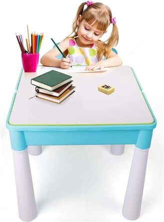 Дитячий ігровий набір burgkidz 5-в-1 - 128 елементів, сумісний з іграшками-конструкторами, ігровий стіл включає 1 стілець та стіл із будівельних блоків із місцем для зберігання, зелена основа/синій колір