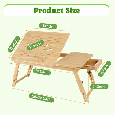 Регульований бамбуковий стіл для ноутбука, складний, для ліжка, дивана та підлоги. Портативний стіл на коліна з нахиленою поверхнею та шухлядою для письма, читання, сніданку, малювання, сучасний дизайн.
