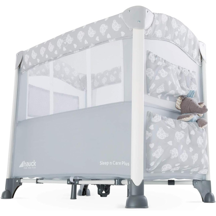Ліжечко-колиска Hauck Baby Sleep N Care Plus Travel Bed Crib, від народження до 9 кг, з відкидною бічною панеллю, відділенням для зберігання та 2 кишенями, компактно складається, включаючи сумку для перенесення складну основу (Teddy Grey) Sleep N Care Plu
