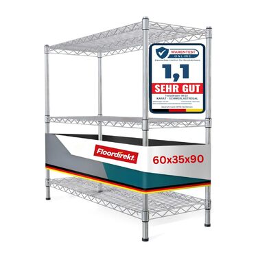 Кухонна полиця Floordirekt, дротяна полиця, металева полиця Вантажопідйомність приблизно 70 кг на полицю Багатофункціональна полиця для зберігання, полиця для ванної кімнати, складська полиця, полиця для підвалу Хромована (60x35x90 см 3 полиці) Everest 60