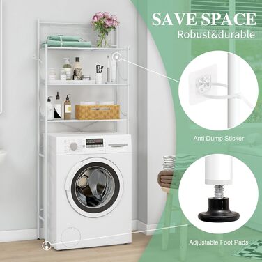 Полиця для пральної машини MALLBOO, не потребує свердління, 3-рівнева полиця для ванної кімнати, полиця для унітазу з нержавіючої сталі, компактна підставка для ванної кімнати (біла) Білий 9,45&39 Г x 25,59&39 Ш x 65,35&39 В