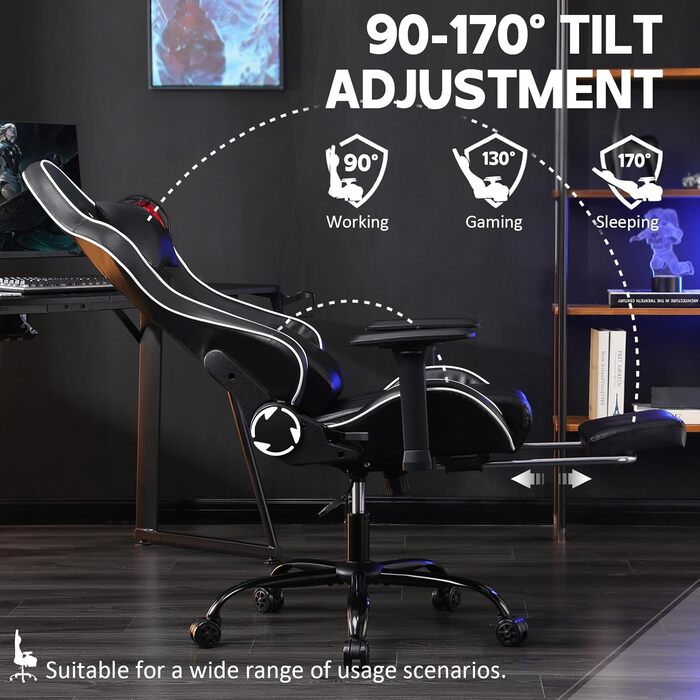 Ігрове крісло Cavabien, вантажопідйомність 200 кг, регульоване по висоті ігрове крісло, ігрове крісло з регульованою поперековою опорою, комп&39ютерне крісло зі штучної шкіри (чорне)