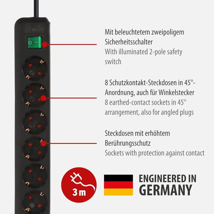 Розетка Brennenstuhl Eco-Line 8-місна (розетка з підвищеним захистом від дотику, вимикачем і кабелем 3 м) чорна Чорна Одномісна