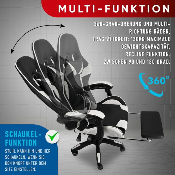 Ігрове крісло Walden Sports, ергономічне офісне крісло, ігрове крісло, регульована спинка та висота сидіння, обертове крісло, гоночне офісне комп&39ютерне крісло, ергономічне крісло для відеоігор (біле)