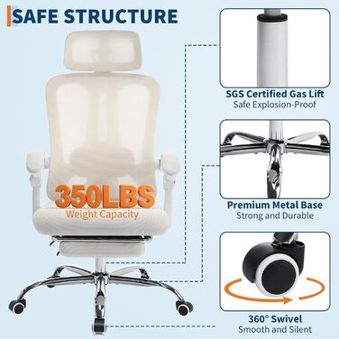 Ергономічне офісне крісло, крісло з повітропроникної сітки з підголівником, регульованою поперековою опорою від 90 до 135, висувною та поворотною на 360 підставкою для ніг, для дому та офісу, бежевий 2