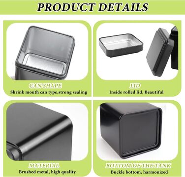 Класичних квадратних чайних банок, 7 x 7 x 8,5 см, металеві чайні баночки для розсипного чаю, включаючи 20 етикеток Чорні банки для зберігання, також ідеально підходять як банки для борошна або спецій (10), 10