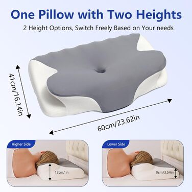Подушка з піни з ефектом пам&39яті, подушка для шиї, подушка для голови, подушка для підтримки шиї та плечей, підходить для різних поз сну, розмір 60 x 41 x 9/12 см (світло-сірий)