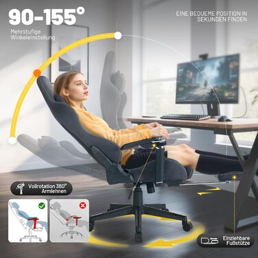 Ергономічне ігрове крісло з регульованими підлокітниками 6D - штучна шкіра, ігрове крісло для ПК з підставкою для ніг, дихаюче ігрове крісло з кутом нахилу 90-155, сіро-зелена штучна замша - зелені нейлонові ніжки