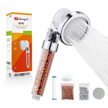 Душова лійка з фільтром Економна ручна душова лійка високого тиску з 3 режимами струменя, 3-шаровою фільтрацією від хлору, бактерій та вапняного нальоту, функцією анти-накип, хром Для жорсткої води, M22025 Срібло