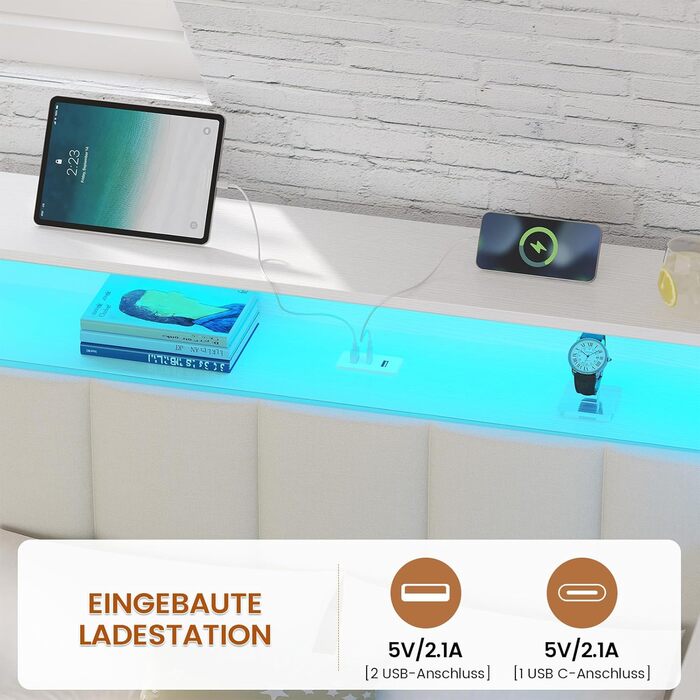 М&39яке ліжко/диван-ліжко 90x200 зі світлодіодним освітленням, зарядною станцією, кушеткою, дитячим ліжком з 2 шухлядами та металевим рейковим каркасом, узголів&39ям з місцем для зберігання, відкритими полицями, шафою, біле 90 x 200 см