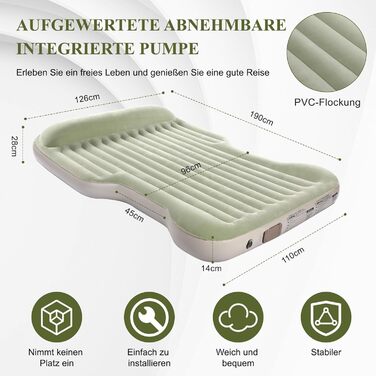 Надувний матрац KMZ для позашляховиків із вбудованим повітряним насосом, товстіший флок, самонадувальний, портативний надувний матрац для позашляховиків, мінівенів, кемпінгу, використання на свіжому повітрі, швидке надування та здування