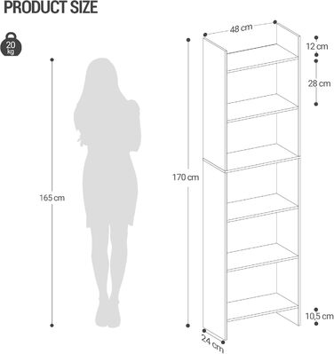 Книжкова полиця Hzuaneri, полиця, окремостояча полиця, офісна полиця, з 6 відділеннями, відкрита, для вітальні, кабінету, офісу, як роздільник кімнати, 24 x 48 x 170 см, біла 01103XBC Білий 24 x 48 x 170 см