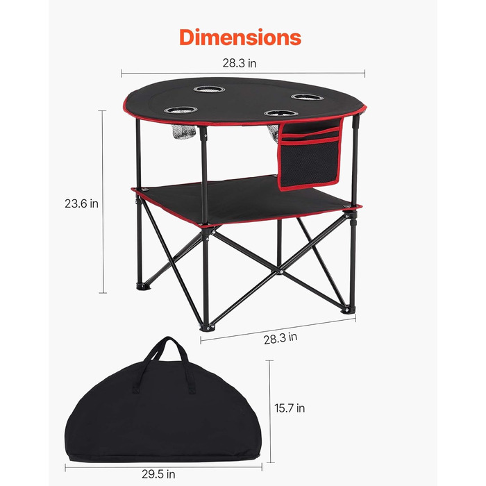 Складаний фуршетний стіл VEVOR, портативний універсальний стіл, 72 x 72 см, водонепроникний стіл з тканини Оксфорд 600D з сумкою для перенесення та 4 підставками для напоїв, садовий стіл, кемпінговий стіл для вечірок та пікніків, чорний
