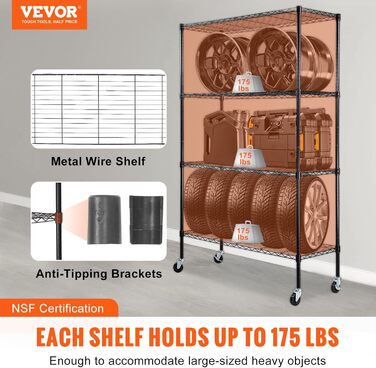 Полиця для зберігання VEVOR з колесами, 4-рівнева регульована, вантажопідйомність 700 фунтів, міцна гаражна полиця, металевий органайзер, дротяна полиця, чорна, 120 x 45 x 188 см для кухні, комори, підвалу, ванної кімнати