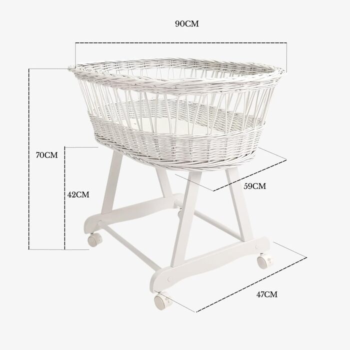 Дитяча колиска з колесами та гальмами Білий кошик Moses з натуральної верби, включаючи матрац та білу постільну білизну зі 100 бавовни, сертифікована Oeko-Tex безпечна та мобільна Модель Amelia