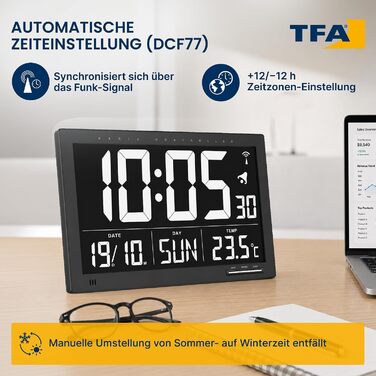 Цифровий настінний годинник TFA Dostmann XL (60.4505) з радіосинхронізацією, термометром та відображенням дати й дня тижня, чорний, 368 x 29 x 230 мм