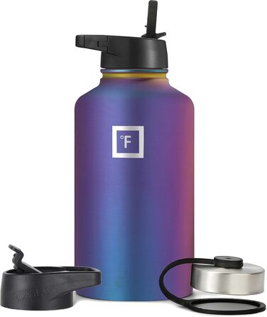 Спортивна пляшка для пиття Iron Flask - 1,8 л, 3 кришки (солом'яна кришка), герметична, з вакуумною ізоляцією з нержавіючої сталі,
