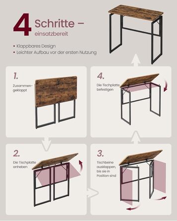 Складаний стіл, Невеликий складаний стіл, Комп&39ютерний стіл, Цільна стільниця, Закруглені кути, Стіл для домашнього офісу, Спальня, 80 x 40 см, Вінтажний коричневий LWD151KD01 80 x 40 см Вінтажний коричневий