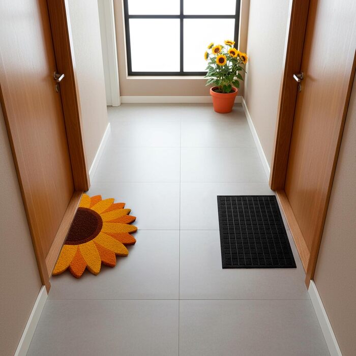 Килимок для вулиці з кокосом та соняшником з нековзною ПВХ-основою. Веселий килимок для привітання. Ручний розпис. Розмір 70 см x 40 см x 1,5 см. Жовтий.