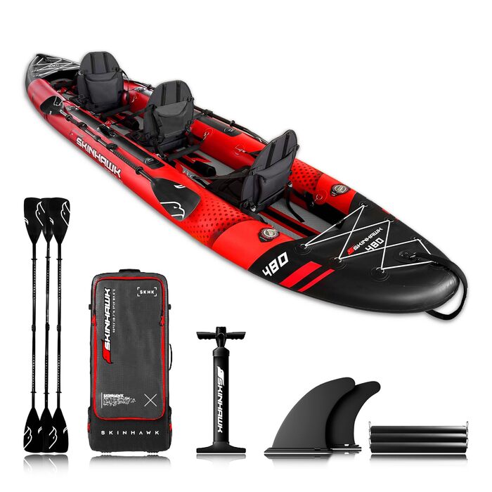Ексклюзивний червоний набір для каяків SKINHAWK 480 - Надувний човен - Каное - 480 x 96 см - 3-місний каяк. Набір для каяків Skinhawk 480 з алюмінієвим веслом.