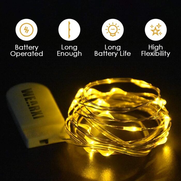 Акумуляторна батарея WEARXI, 10 шт. 2M 20 міні-світлодіодних гірлянд з акумулятором, казкові гірлянди в приміщенні, світлодіодні г