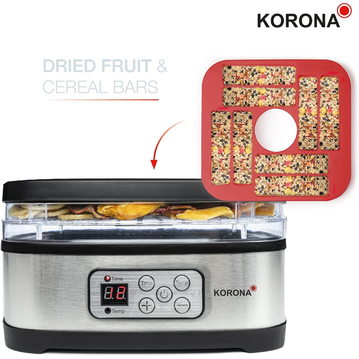 Дегідратор з формою для мюслі 5 рівнів Сушить фрукти, м'ясо, рибу, зелень Таймер 8-72 години Силіконова форма для батончиків мюслі Не містить бісфенолу А Світлодіодний дисплей, 57011