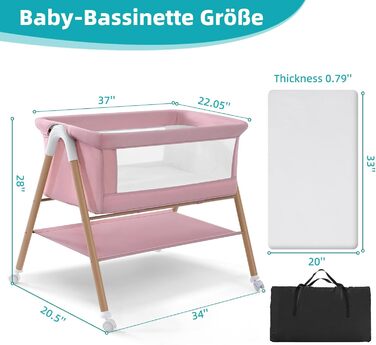 Дитяче ліжечко, переносне ліжечко з матрацом для дитячих ліжок на колесах, дорожнє ліжечко з москітною сіткою та місцем для зберігання для немовлят та новонароджених, легка та дихаюча сітчаста конструкція, рожевий колір