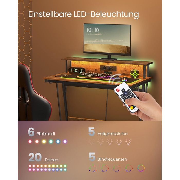 Ігровий стіл із вбудованим подовжувачем, Комп&39ютерний стіл, з підставкою для 2 моніторів, Спальня, 60 x 100 x 76 см, Вінтажний коричневий LWD191K01 100 x 60 см Вінтажний коричневий