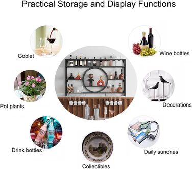 Настінна металева винна полиця, вузька полиця для пляшок, барна полиця з тримачем для винних келихів, полиця для напоїв зі світлодіодним підсвічуванням, підставка для вина, меблі для їдальні, барної стійки, вітальні, кухні, домашнього бару (Nero, 140 см/5