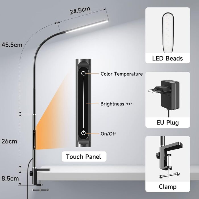 Світлодіодна настільна лампа Затискна, безступінчаста лампа Architect Lamp Стіл з поворотним кронштейном, пультом дистанційного керування, робочою лампою з 4 колірними температурами для офісу Black