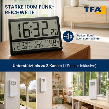 Цифровий настінний годинник TFA Dostmann Digitale XL (60.4523.01) з датчиком зовнішньої температури та клімат-контролем, радіосинхронізація, 24-годинний формат, повна дата, чорний, 360 x 235 x 28 (84) мм