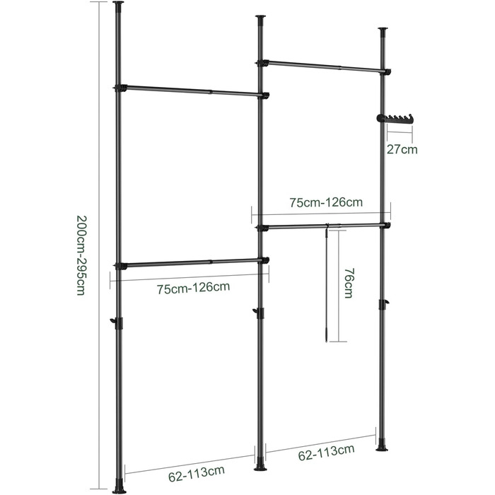 Телескопічна вішалка для одягу SoBuy, міцна вішалка для одягу, регульована відкрита шафа для спальні, вішалка для пальто, чорна KLS03-II-SCH