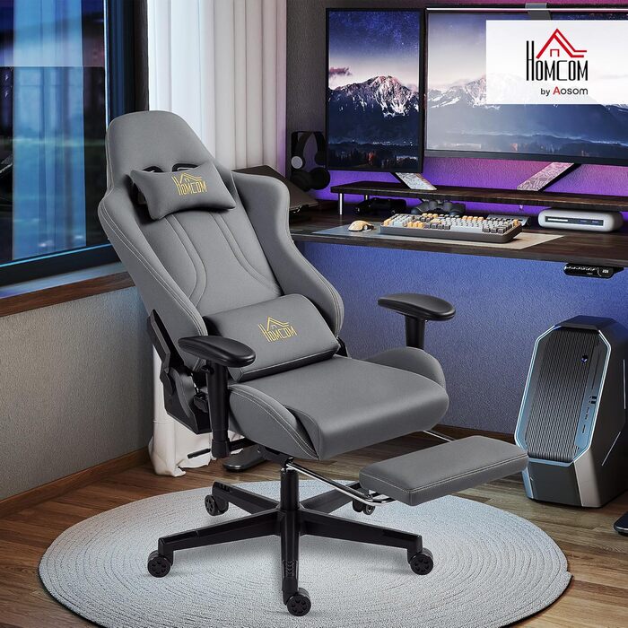 Ігрове крісло HOMCOM, ергономічне ігрове крісло зі штучної замші з поперековою опорою, підставкою для ніг, підголівником, ігрове крісло з 3D-підлокітниками, офісне крісло з регульованою висотою, темно-сіре
