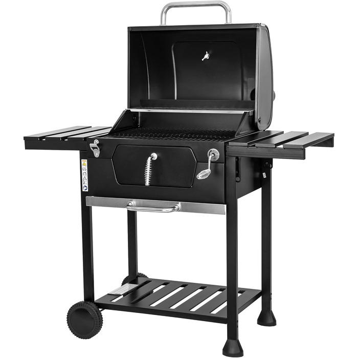 Сталевий вугільний гриль з міцними колесами, подвійним грилем, термометром та регулюванням висоти решітки, вугільний гриль з бічними поличками